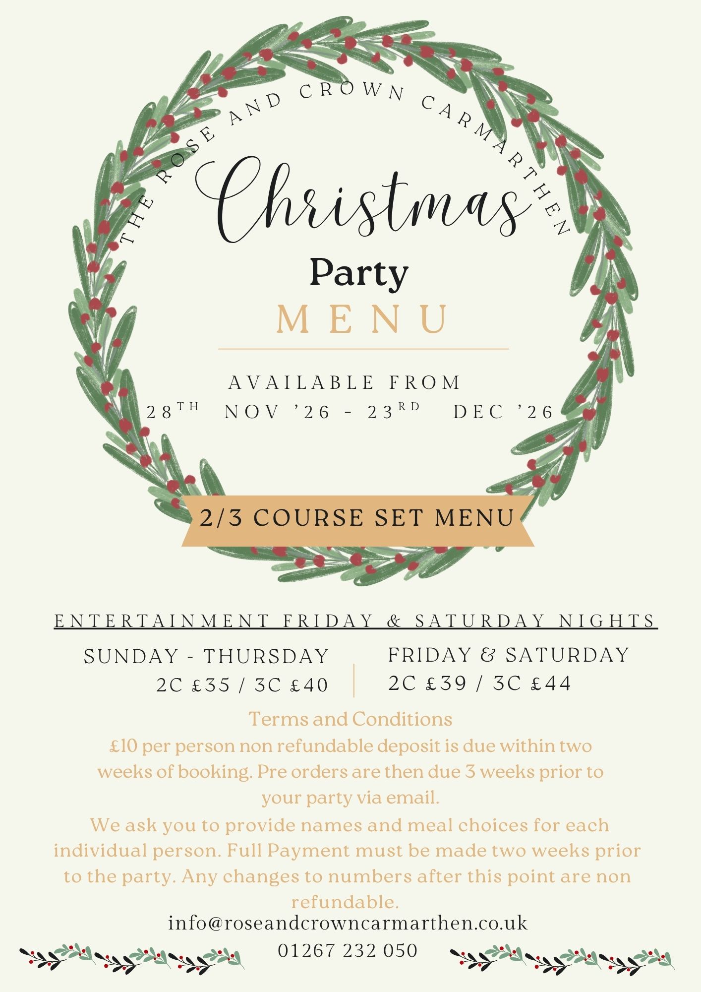Xmas menu rose & crown carmarthen